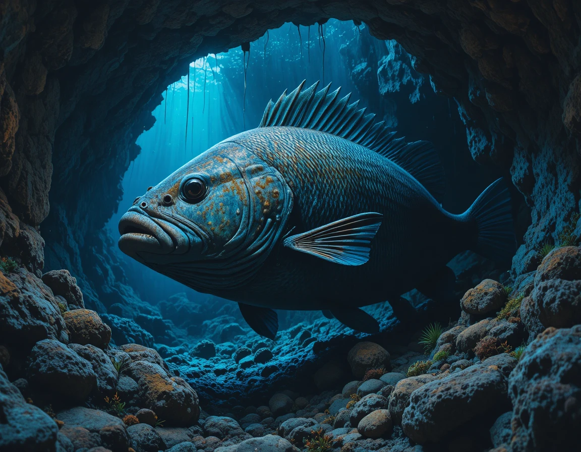 Large grouper fish in shadowy underwater cave close up