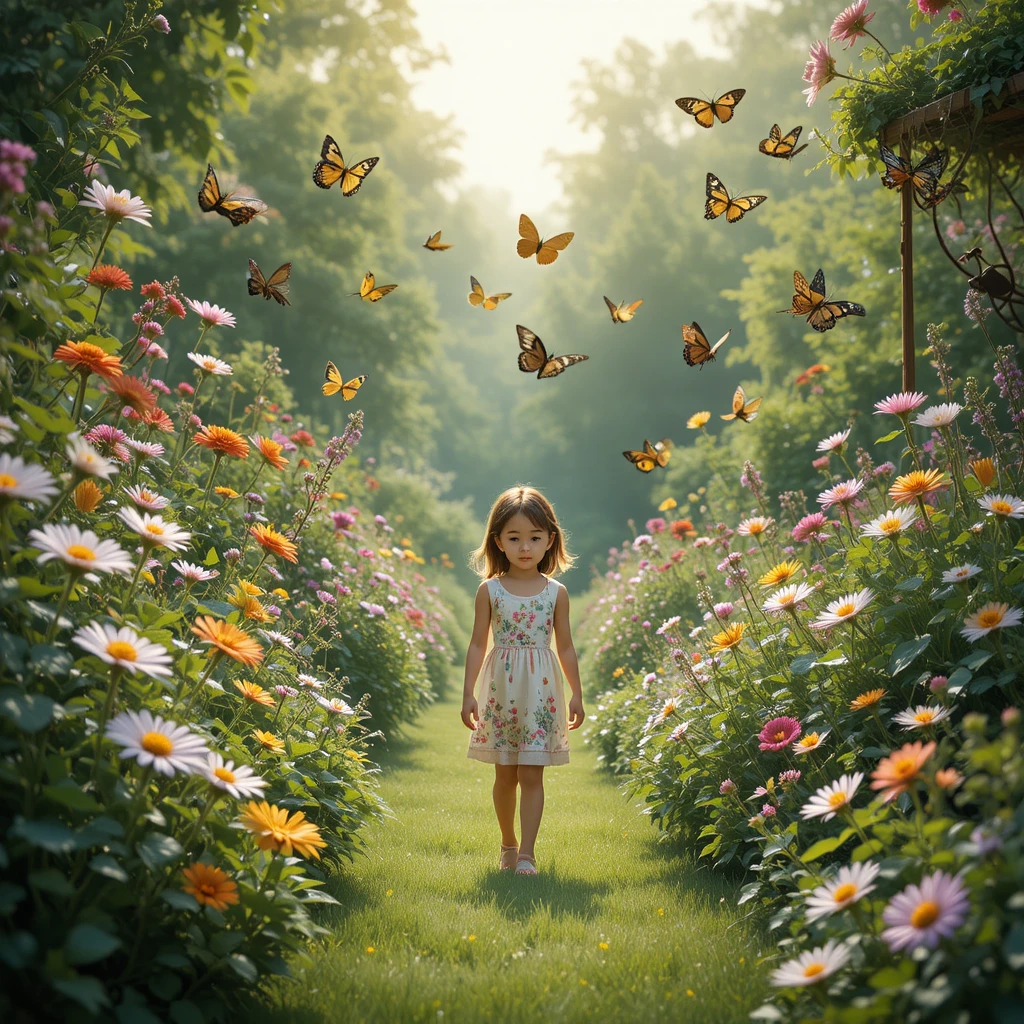 Little girl walking through a colorful flower garden