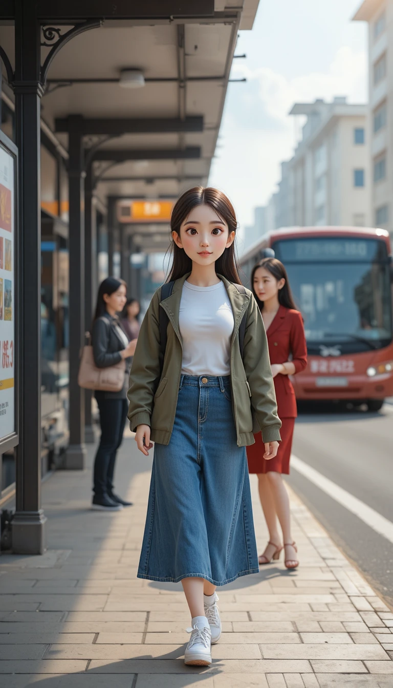 Anime woman meeting a friend at an urban bus stop