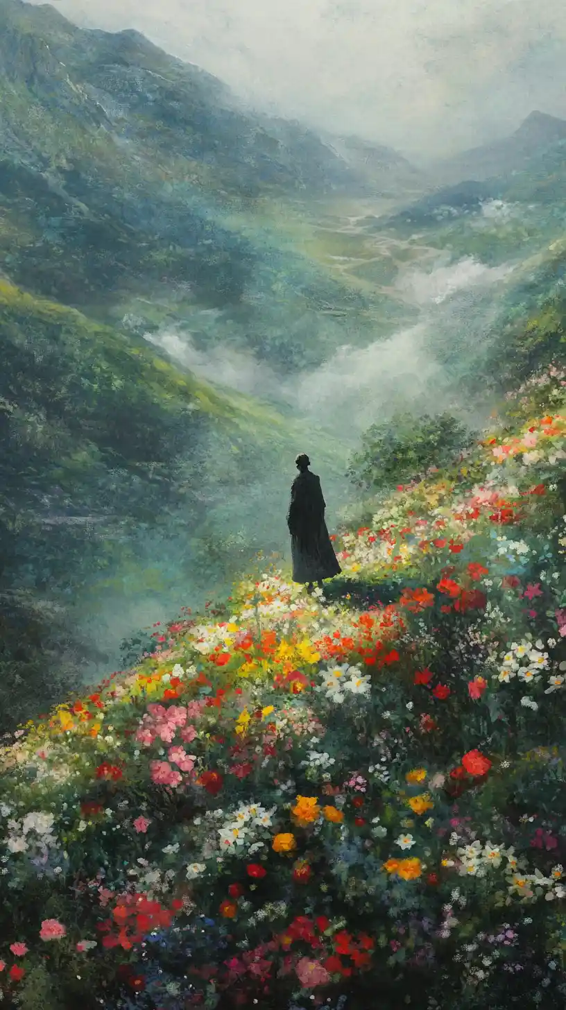 Silhouetted figure with parasol in a misty flower valley