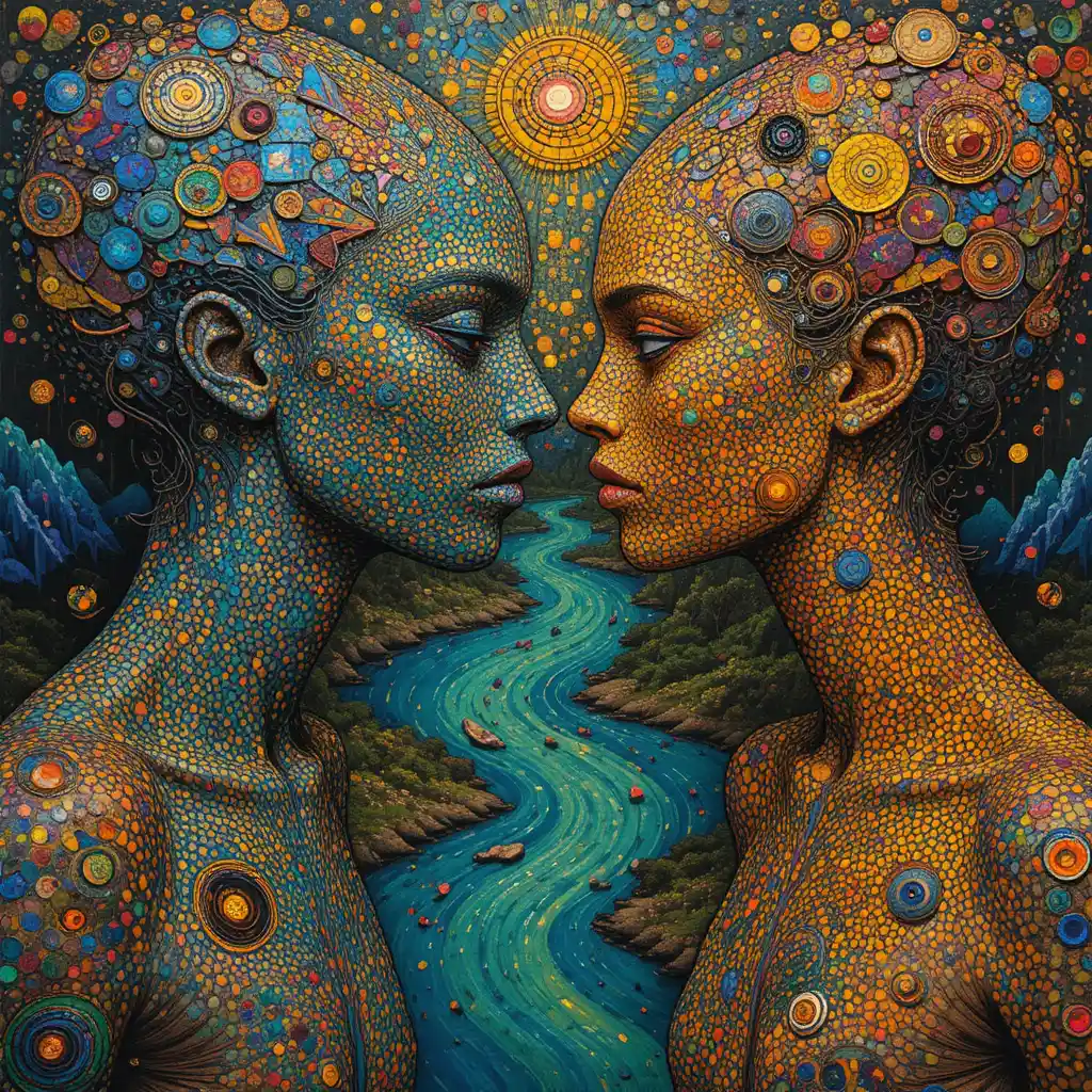 Androgynous deities in a surreal acid green river landscape