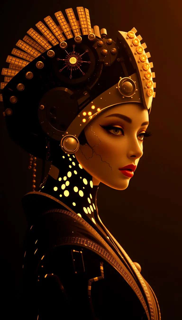 Hyperreal futuristic geisha portrait with mechanical headpiece