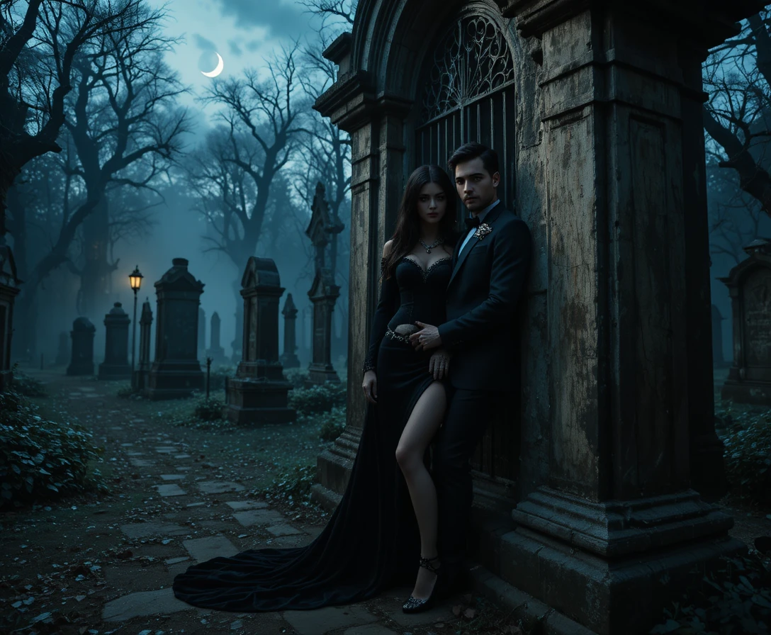 Gothic couple by mausoleum in misty twilight cemetery