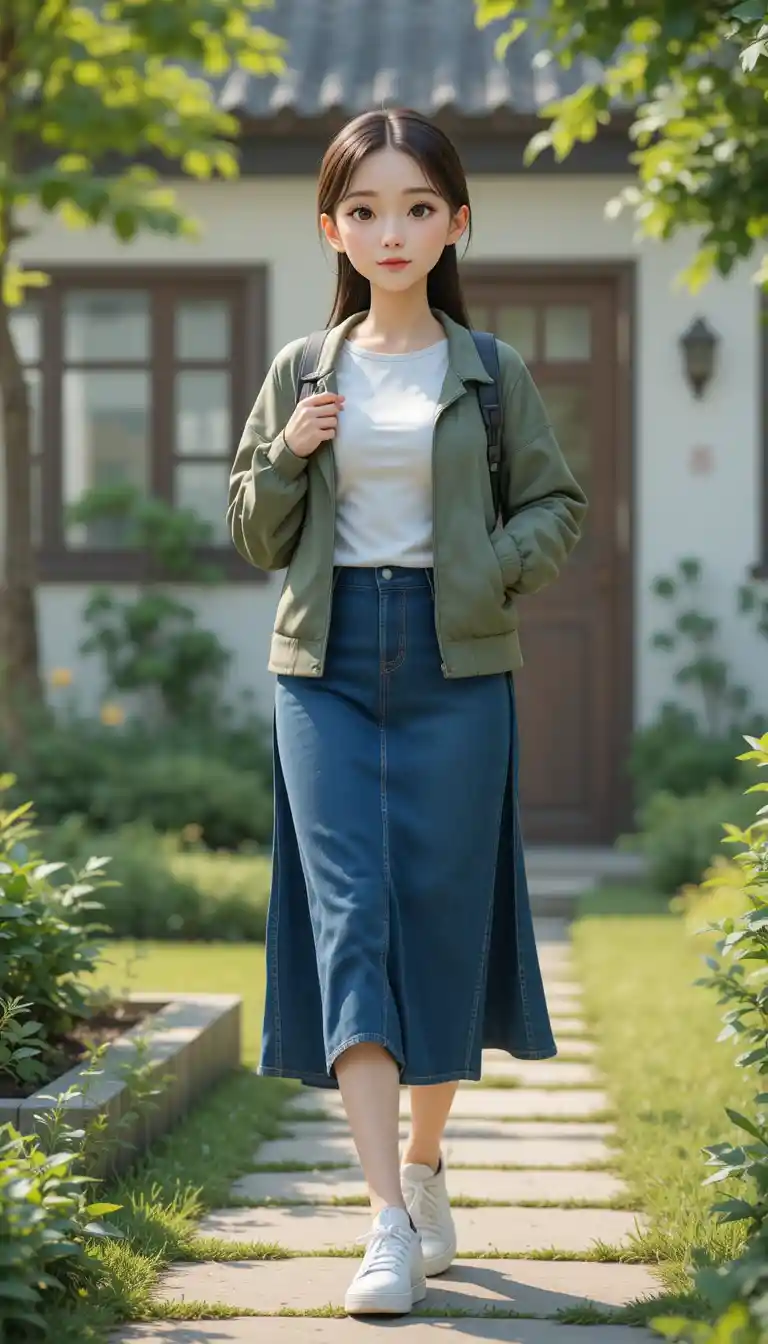 Calm anime woman walking in a quiet house garden