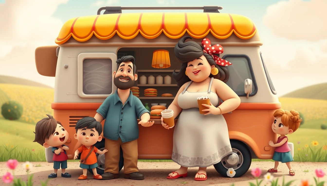 Clay illustration of a cheerful burger truck family scene