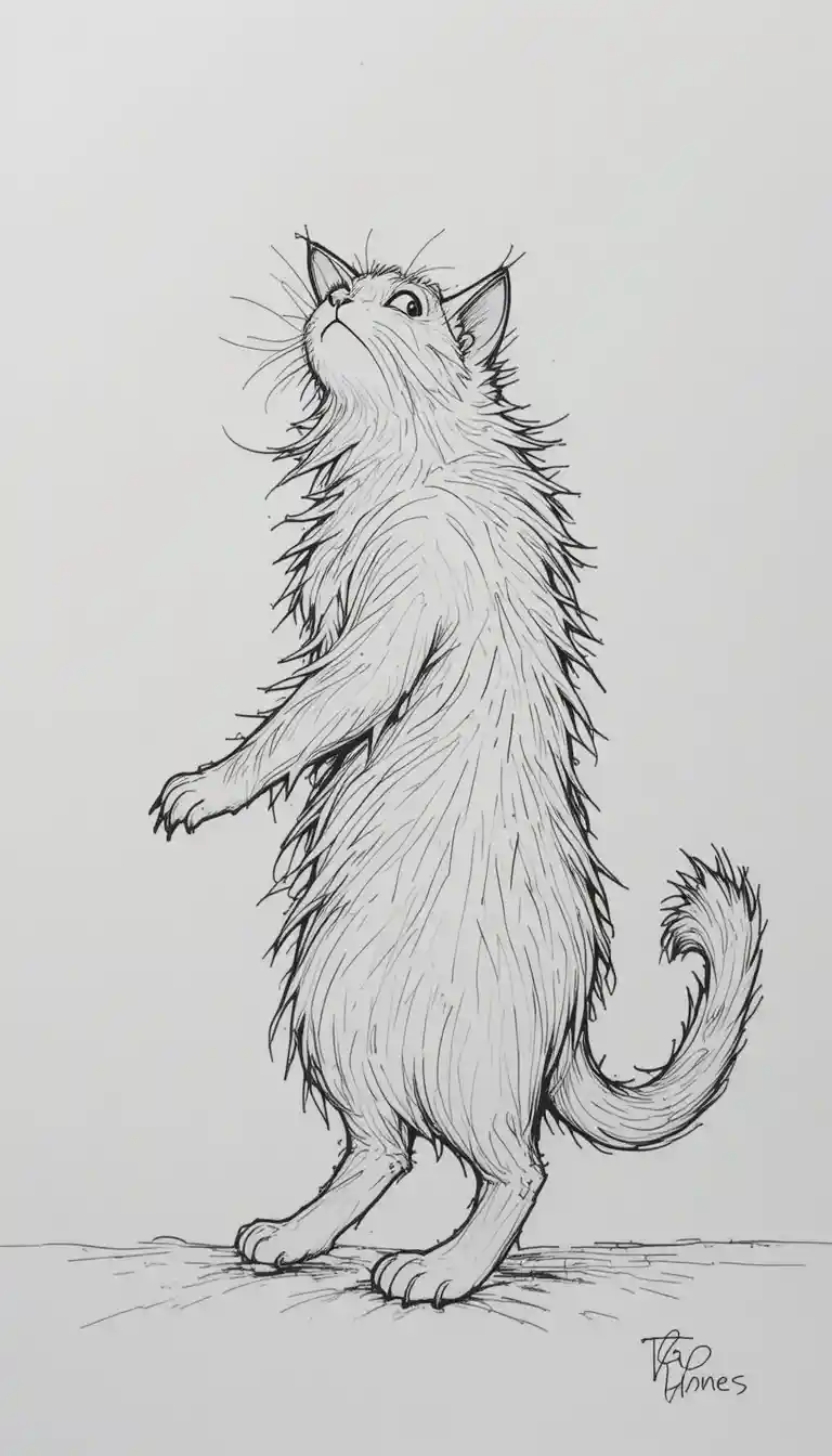 Playful long haired cartoon cat in minimalist sketch style