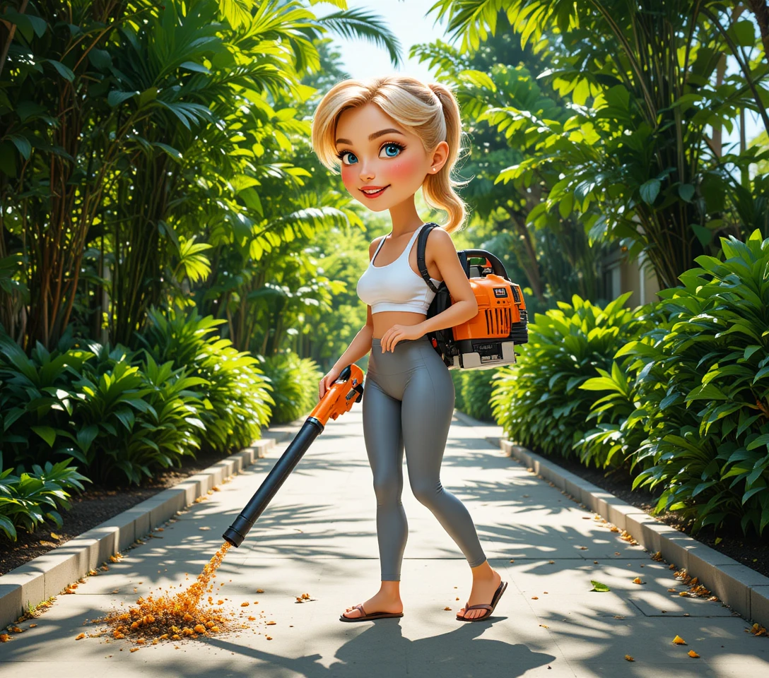 Woman using a backpack leaf blower on a sunny path