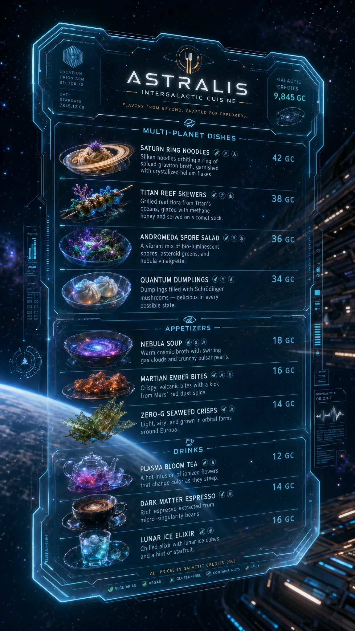 Futuristic holographic menu in an intergalactic restaurant