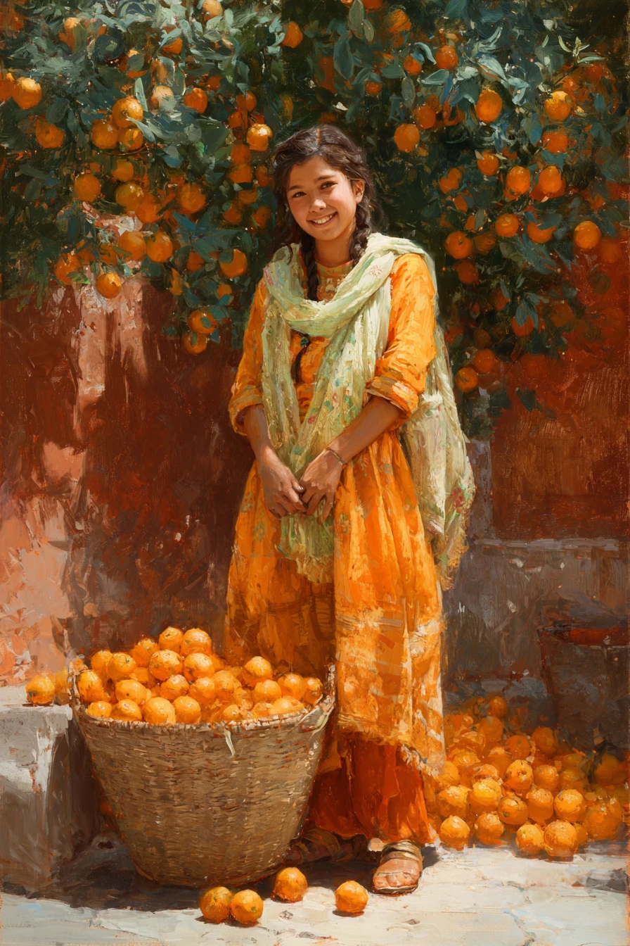 Joven junto a unas naranjas en un jardín soleado