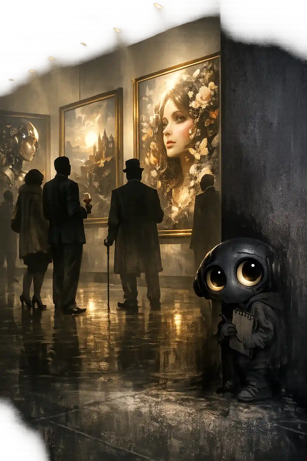 Anxious tiny artist in shadowy modern art gallery