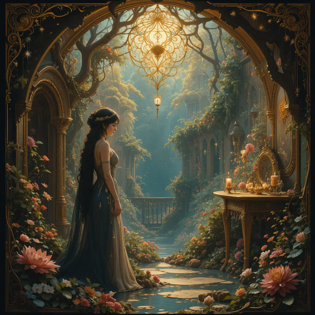 Mystical fantasy figure in ornate art nouveau landscape
