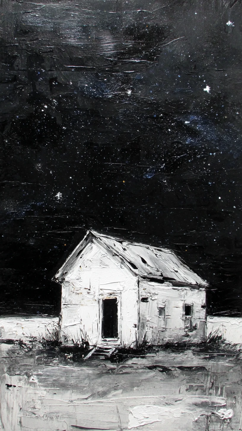 Lonely figure beside a small house under starry night