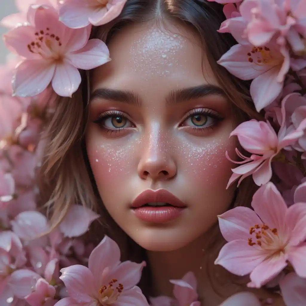 Retrato femenino en primer plano con flores de ensueño