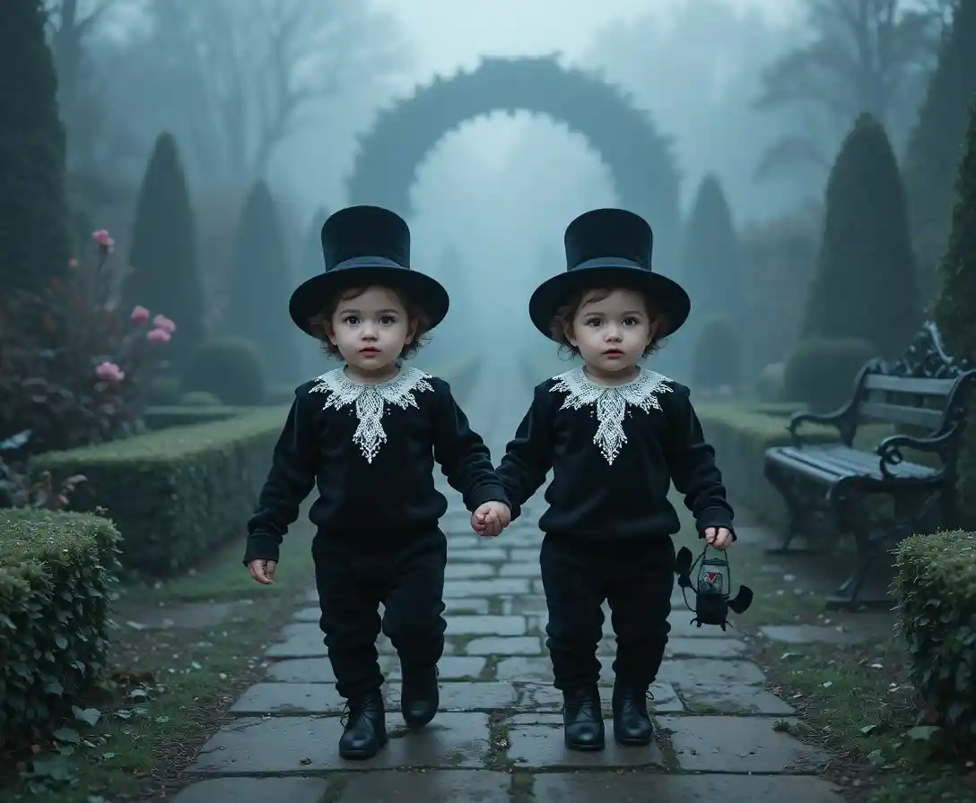 Gothic twin toddlers walking through a foggy moonlit garden