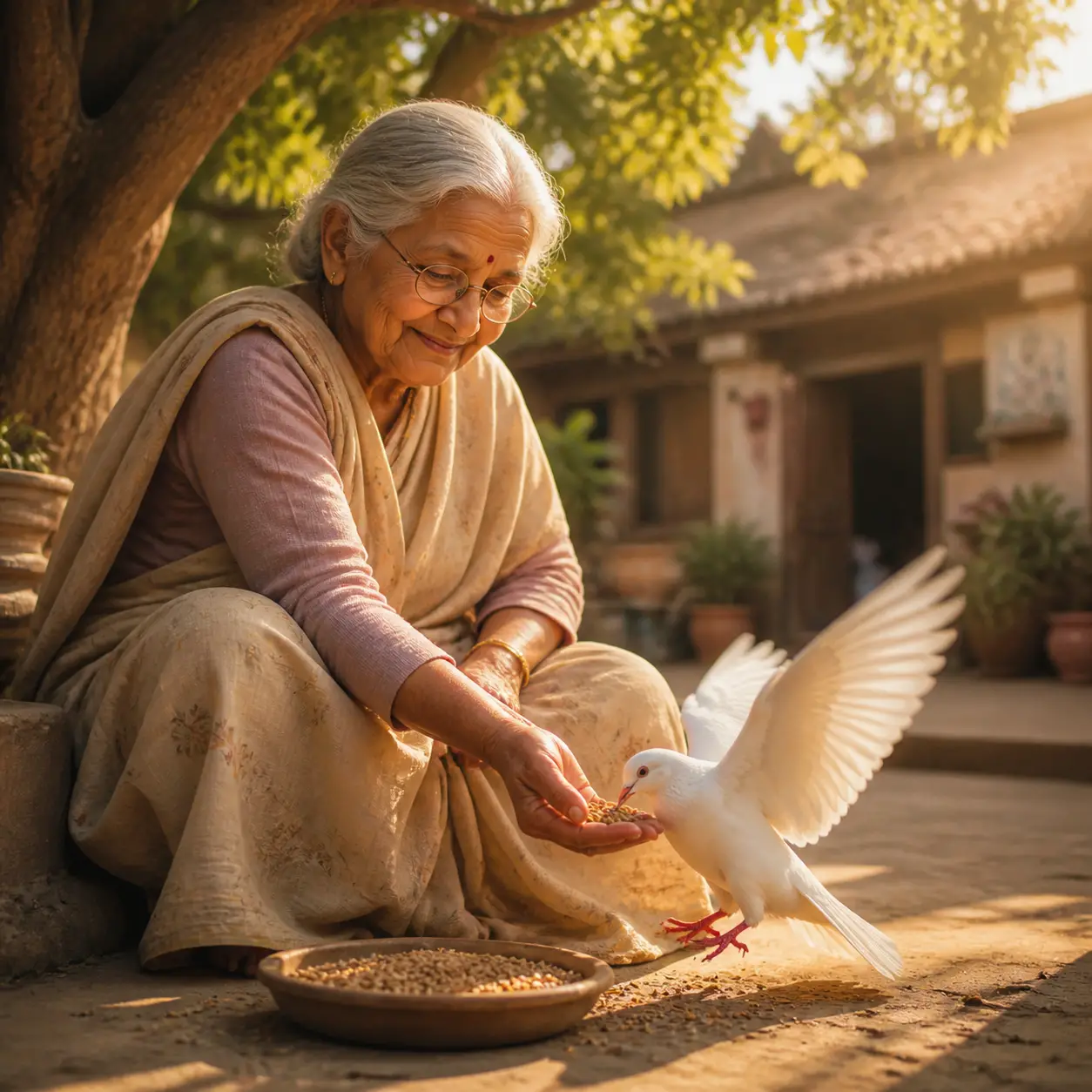 Grandmother Feeding A White Pigeon In A Sunny Village Courtyard
