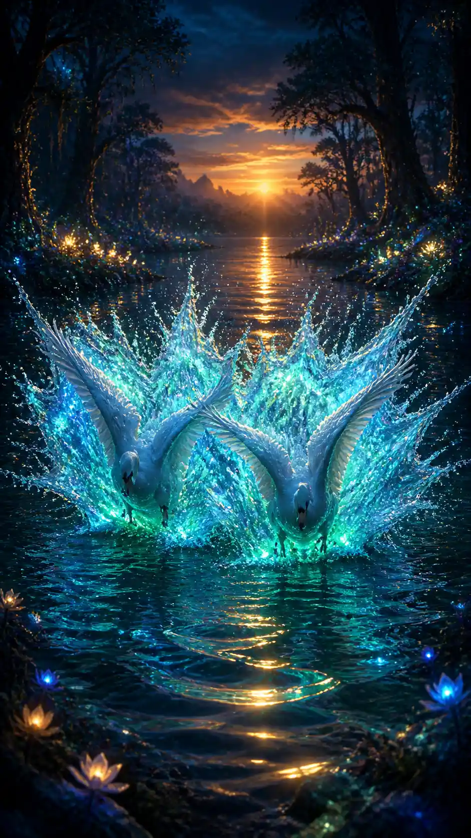 Two white swans crashing into glowing water at twilight