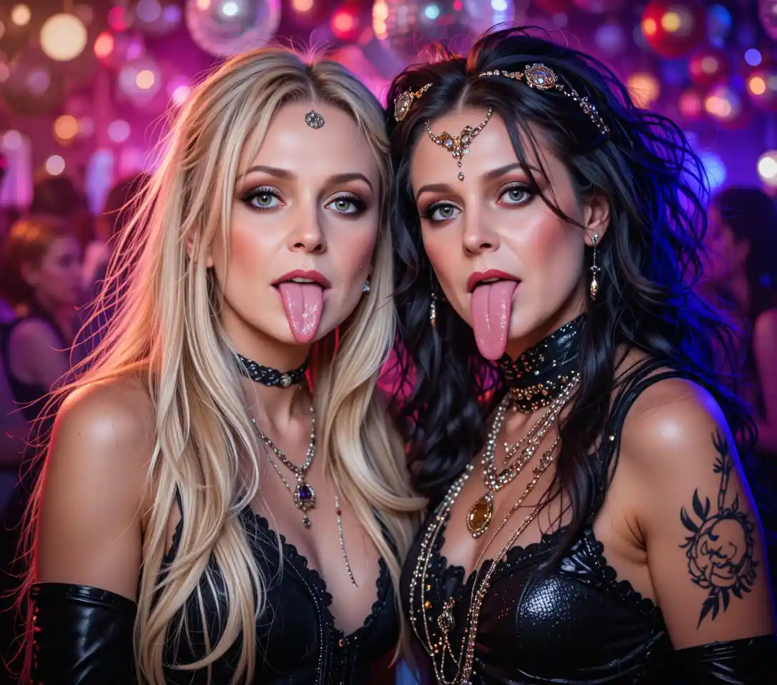 Primo piano di ragazze che posano con la lingua fuori sotto le luci da discoteca