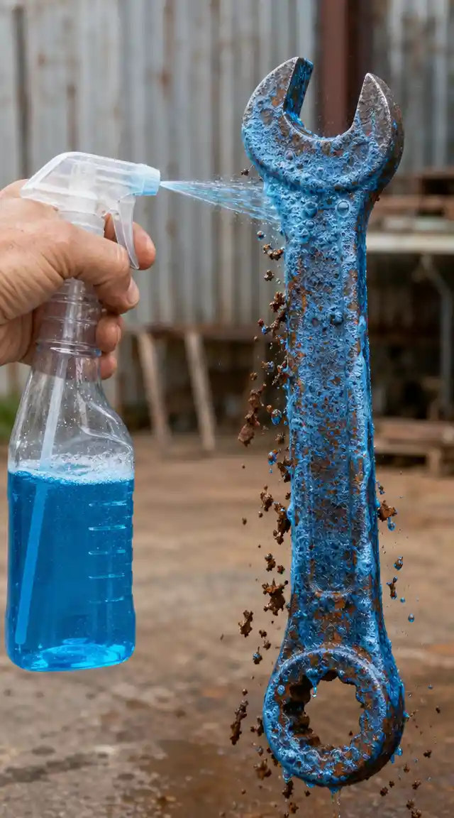 Rust removal spray bottle cleaning corroded metal outdoors