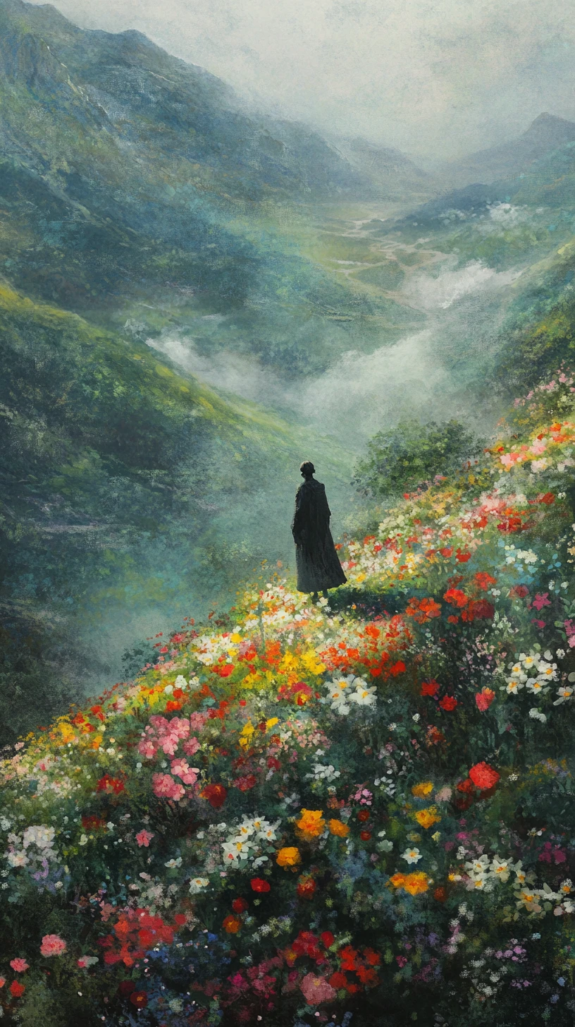 Silhouetted figure with parasol in a misty flower valley