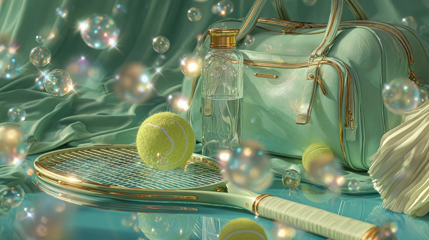 Lussuosa natura morta di tennis con racchetta vintage fluttuante