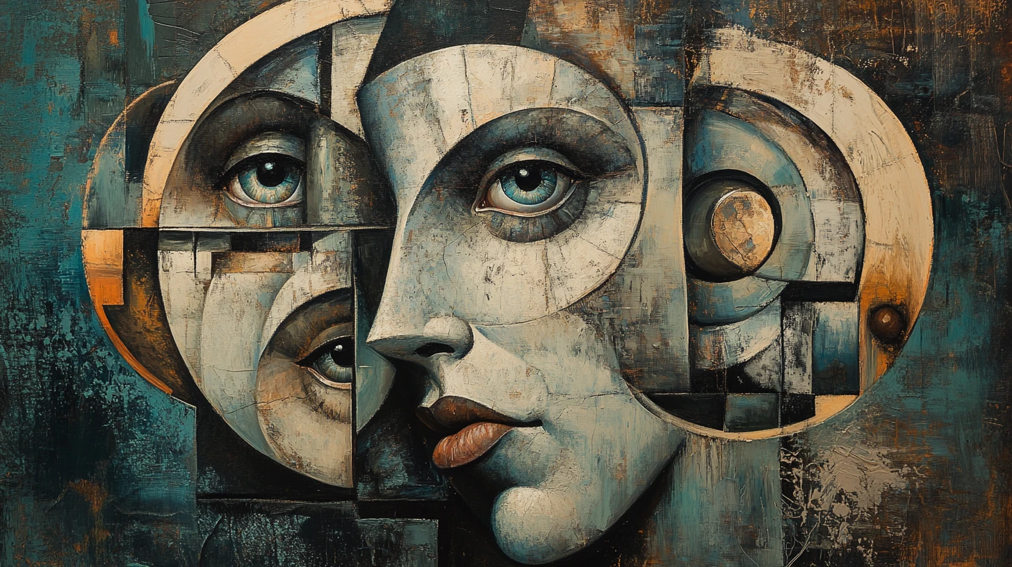 Surreal cubist portrait of fragmented mechanical human faces