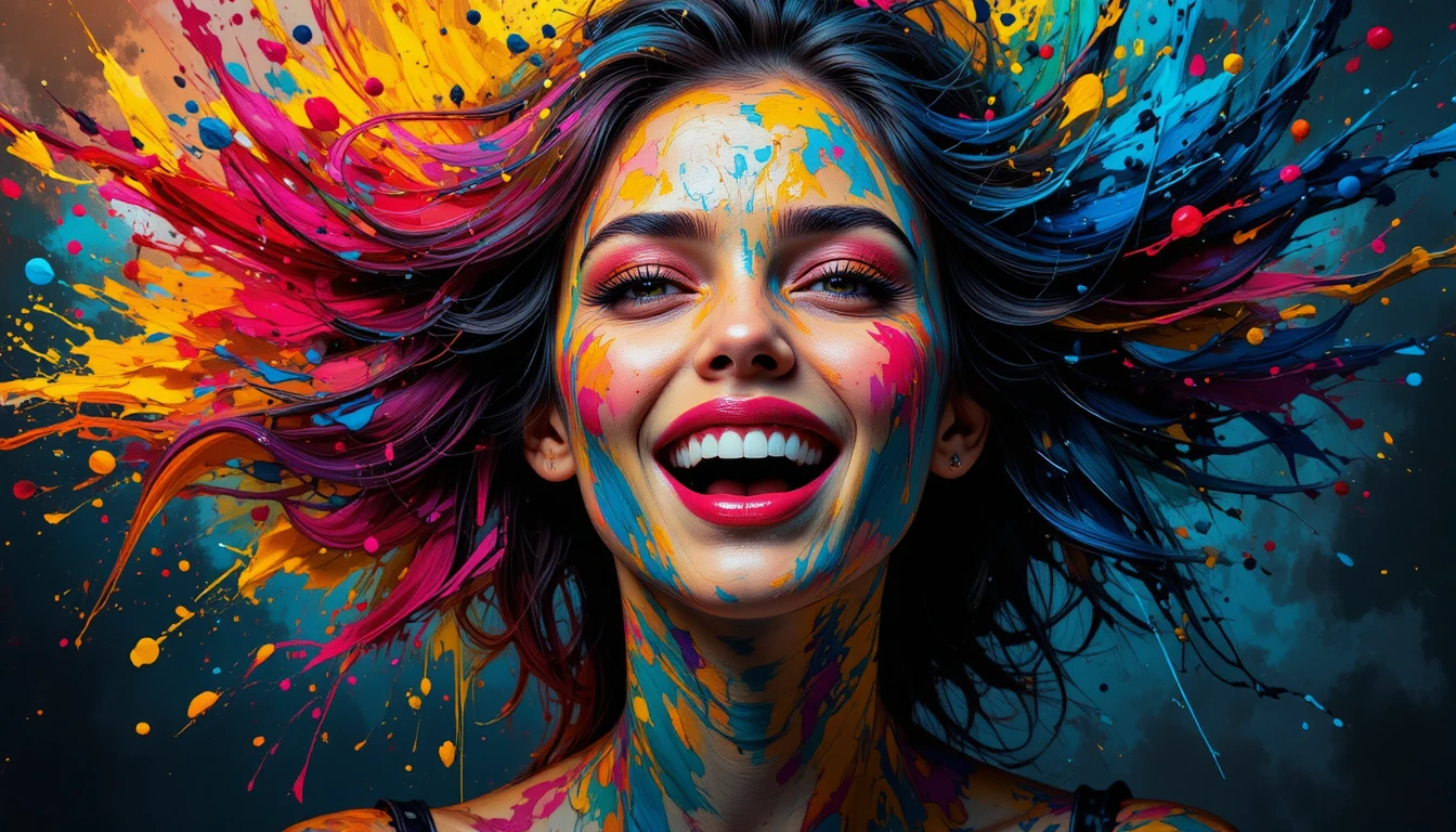 Portrait abstrait arc-en-ciel d’une jeune femme joyeuse