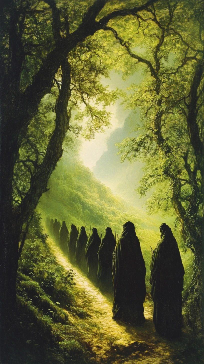 People Walking Through Endless Green Hills In Surreal Style