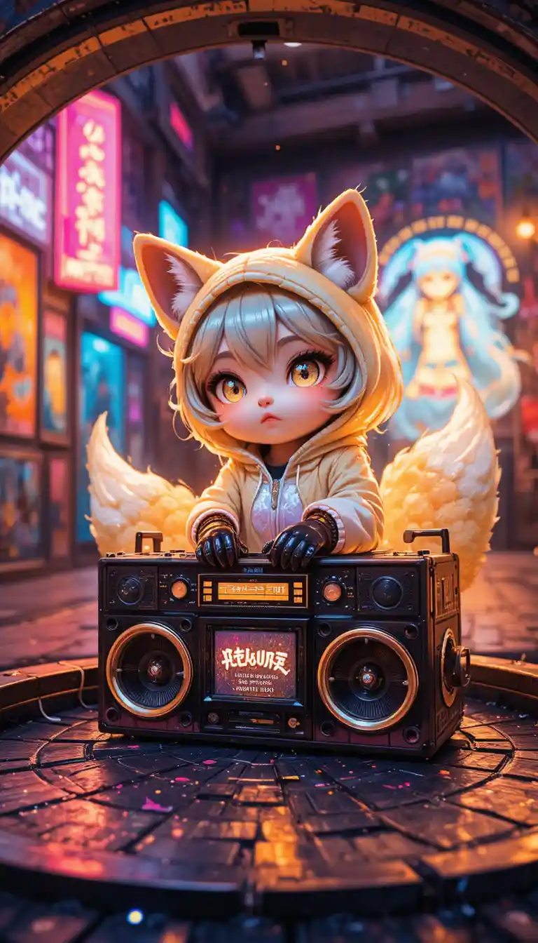 Volpe chibi DJ con boombox in scena di strada al neon