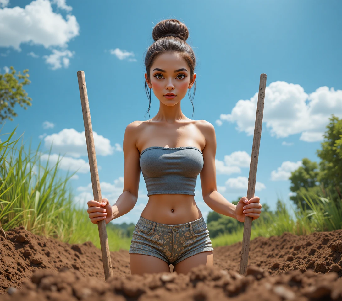 Young woman working with wooden poles in a field