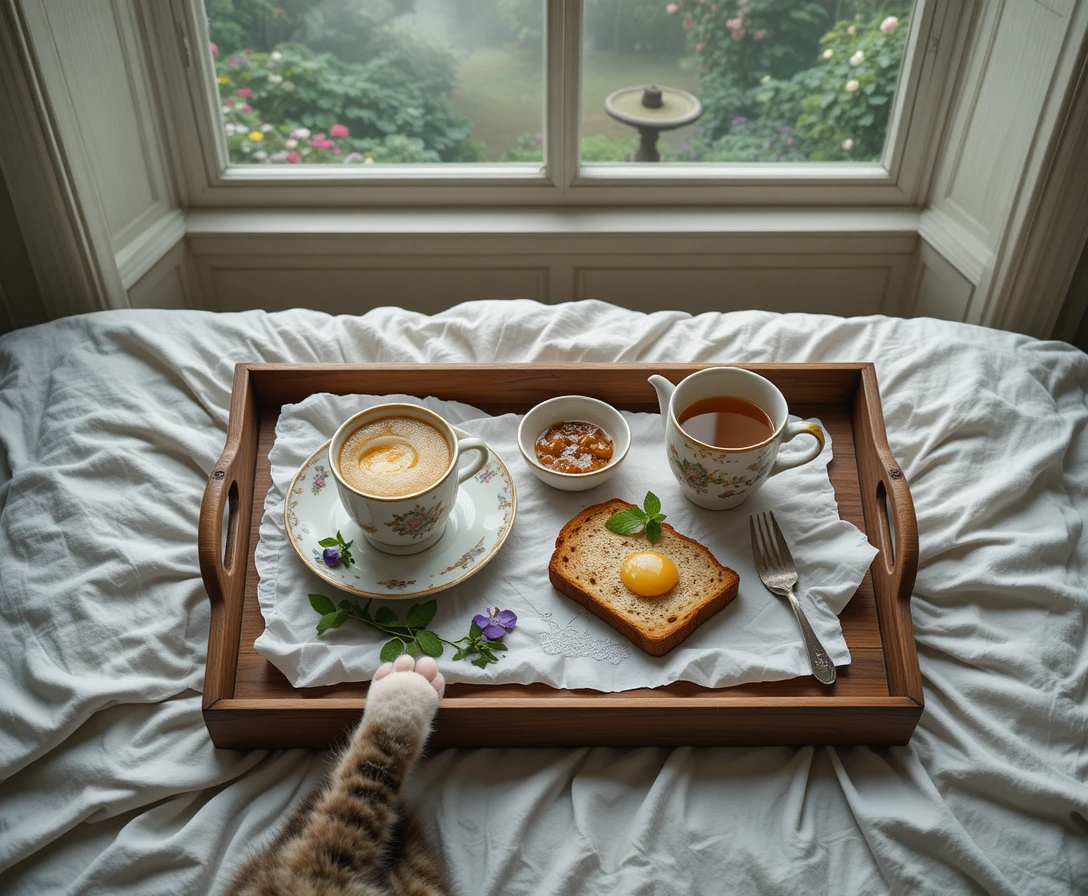Cozy breakfast tray on linen sheets in soft morning light