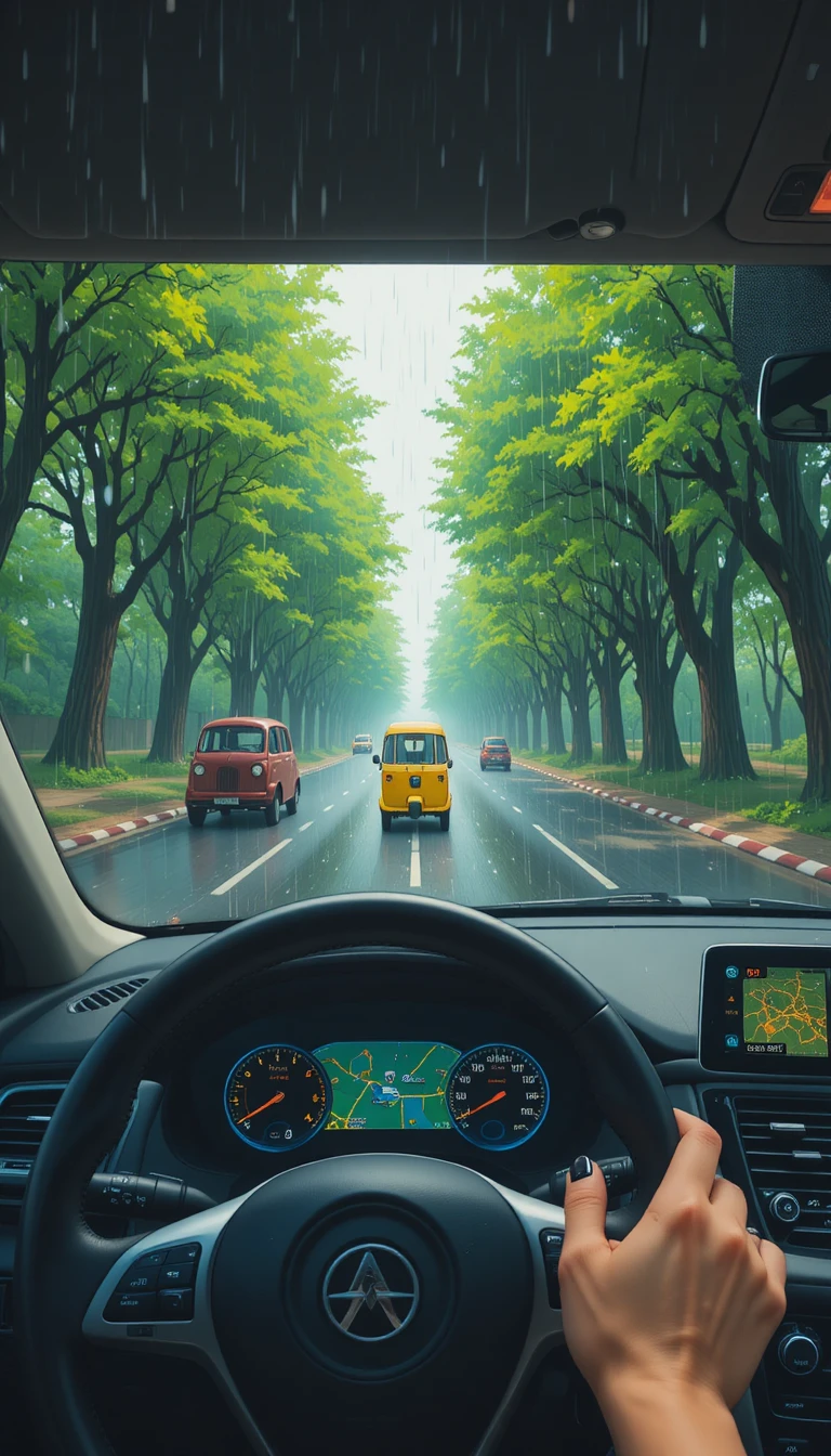 Gemütliche POV-Ansicht aus einem regnerischen Auto-Innenraum mit GPS