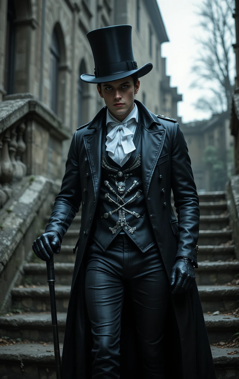 Victorian vampire gentleman walking down stone steps