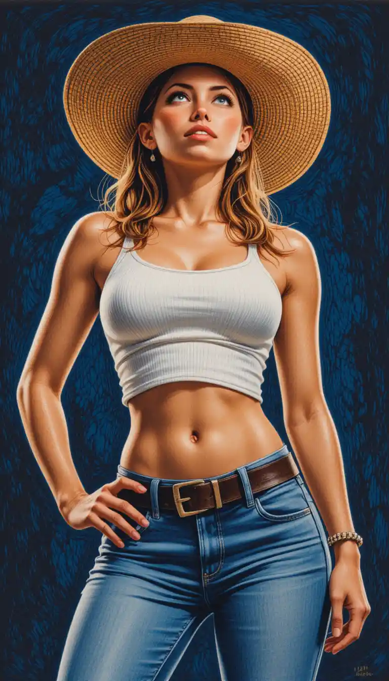 Confident cowgirl in straw hat and denim from below