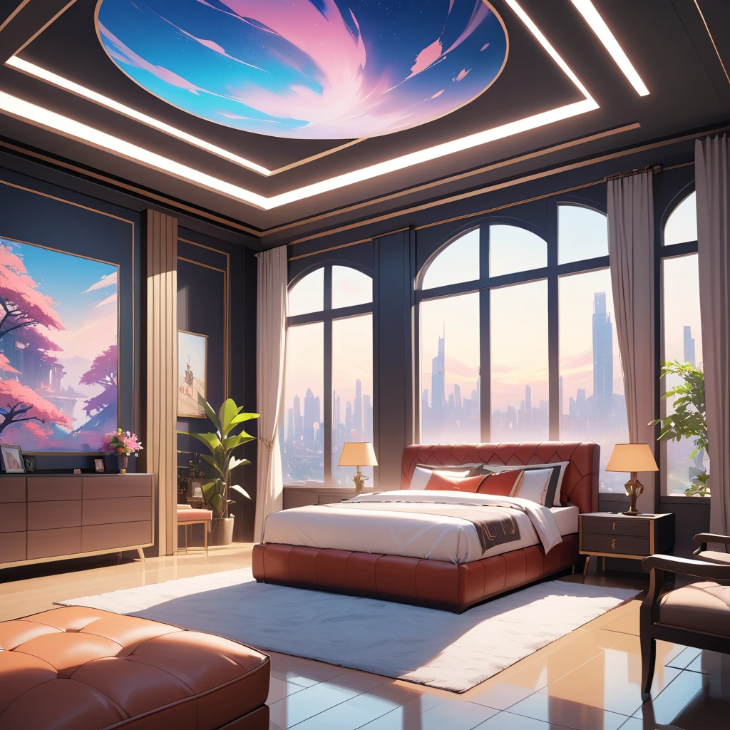 Luxurious modern fantasy bedroom with large window view