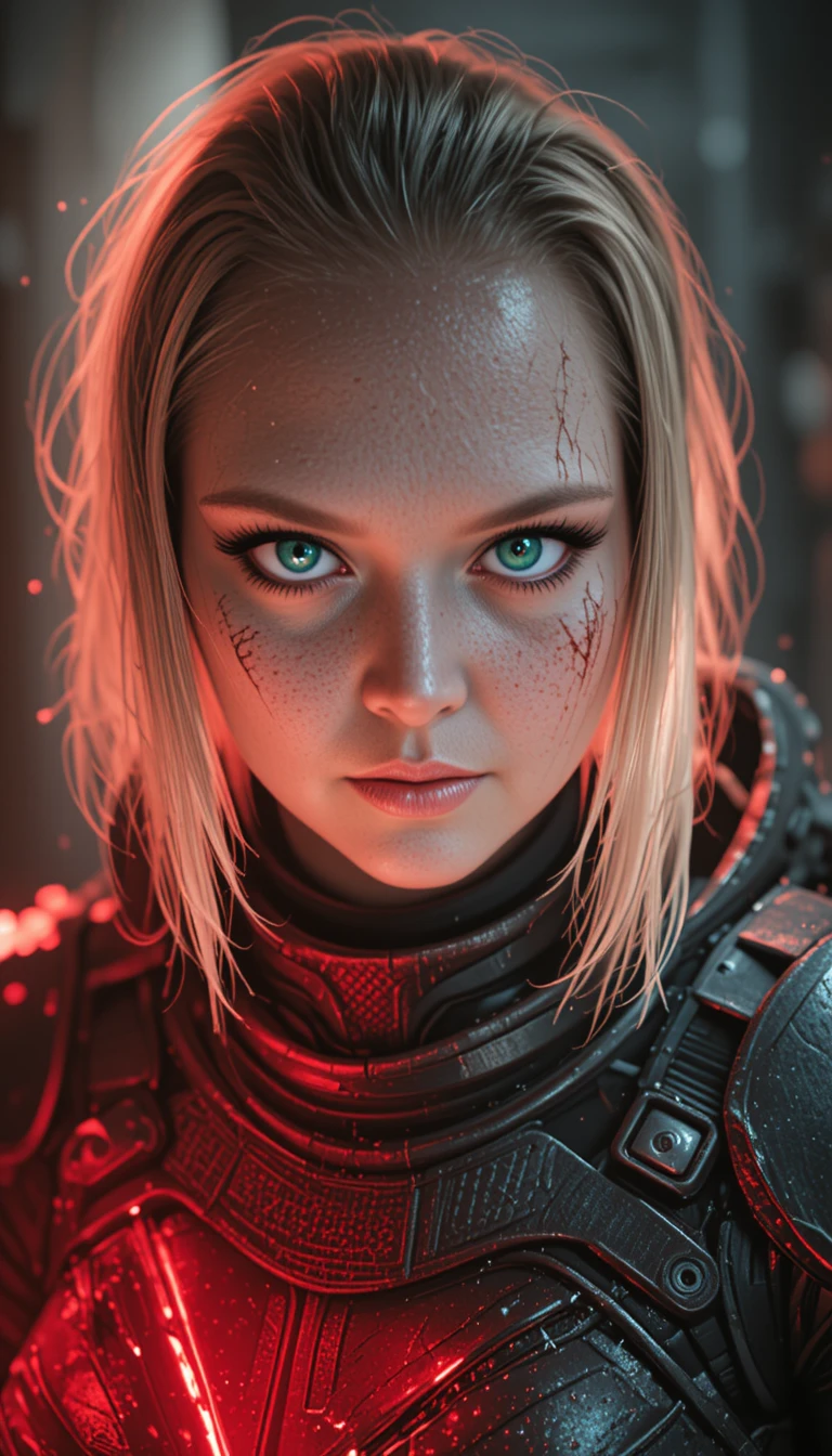Battle scarred anime woman in red backlight close up