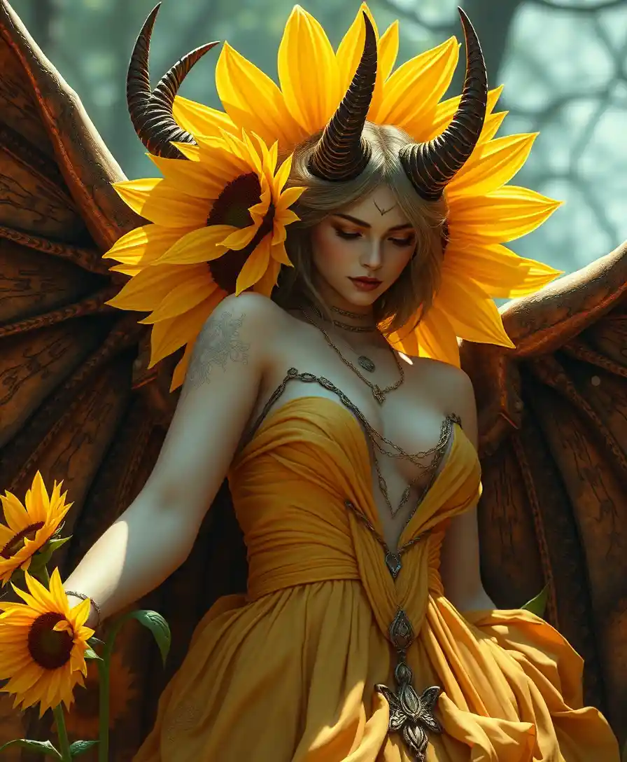 Mystical sunflower angel woman in surreal fantasy realm