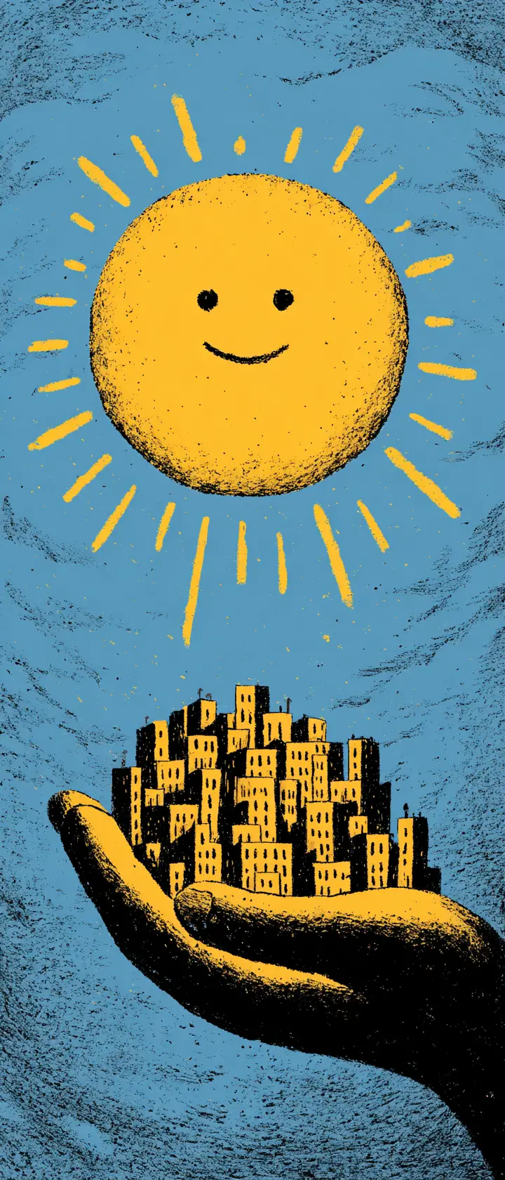 Giant Smiling Sun Cradling A Tiny Sleeping City