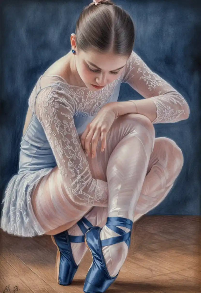 Young ballerina crouched on wooden floor in dramatic light