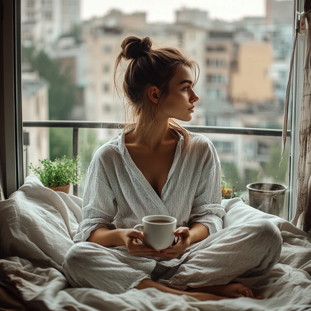 Girl in pajamas with morning coffee on a cozy balcony