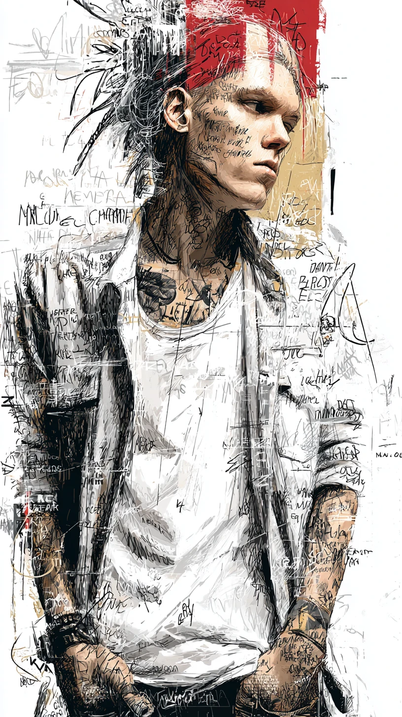 Expressive ink portrait of a woman in chaotic profile