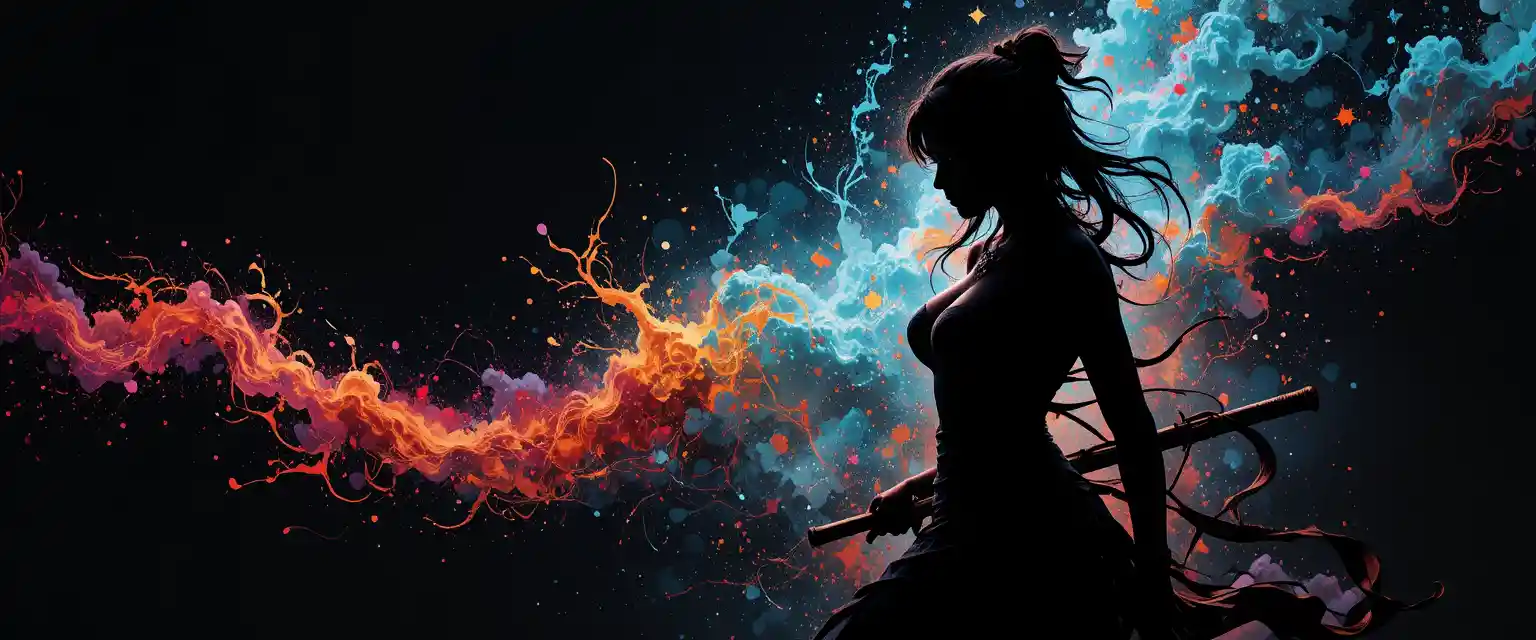 Ninja woman in bikini armor with sword on dark abstract background