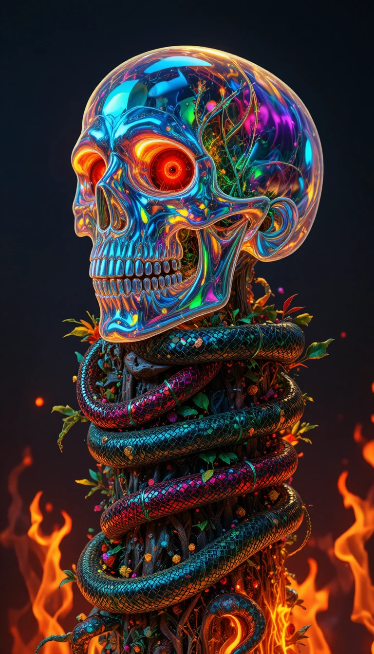 Glowing glass skull on serpent wrapped pillar in flames
