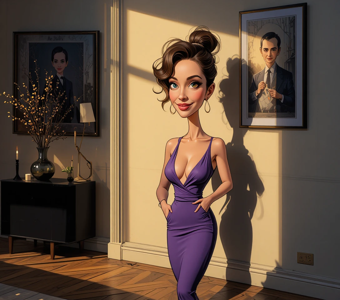 Mujer con mono violeta en un acogedor apartamento al atardecer