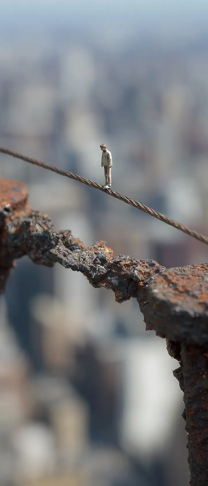 Miniature tightrope walker on spiderweb above blurred city skyline