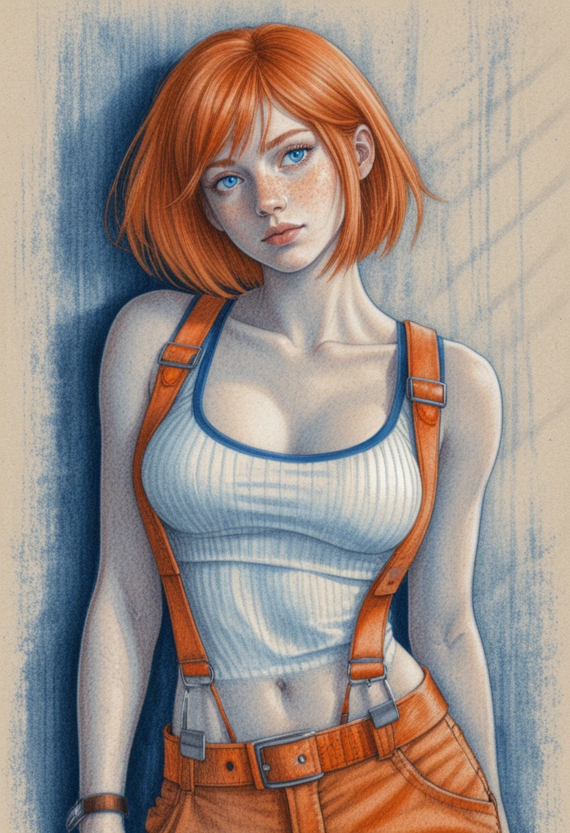Anime woman in tactical orange outfit against concrete wall