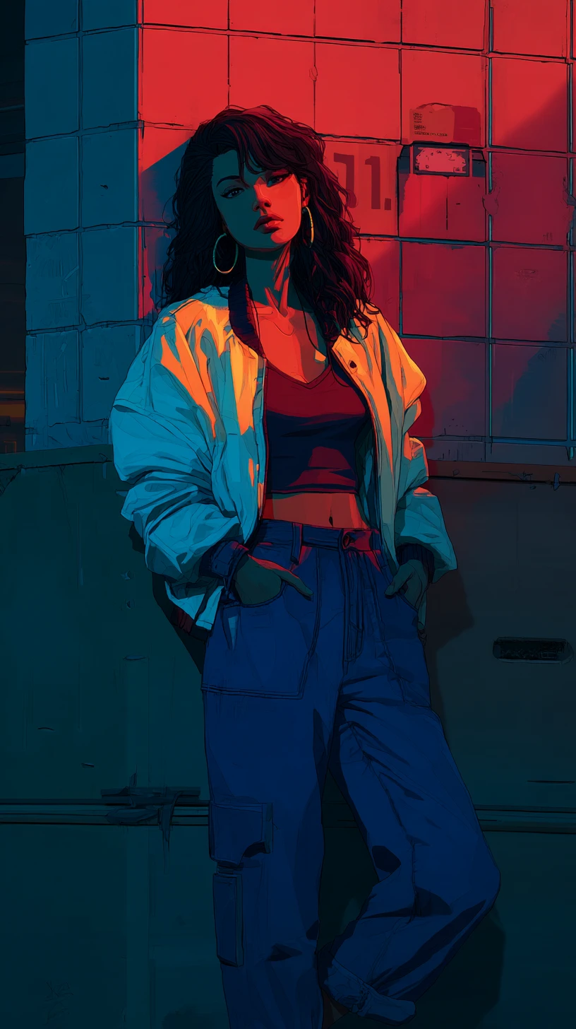 Confident woman leaning on a wall in neon city night