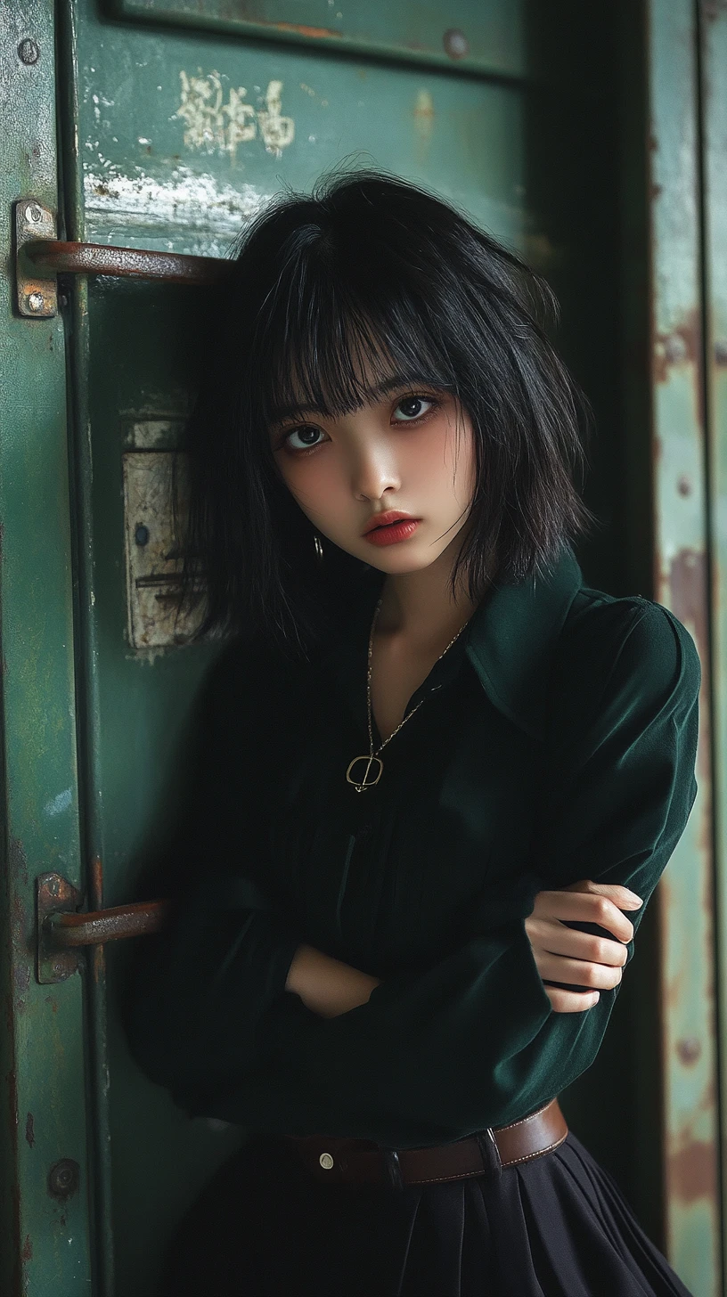 Anime girl leaning on vintage green school lockers