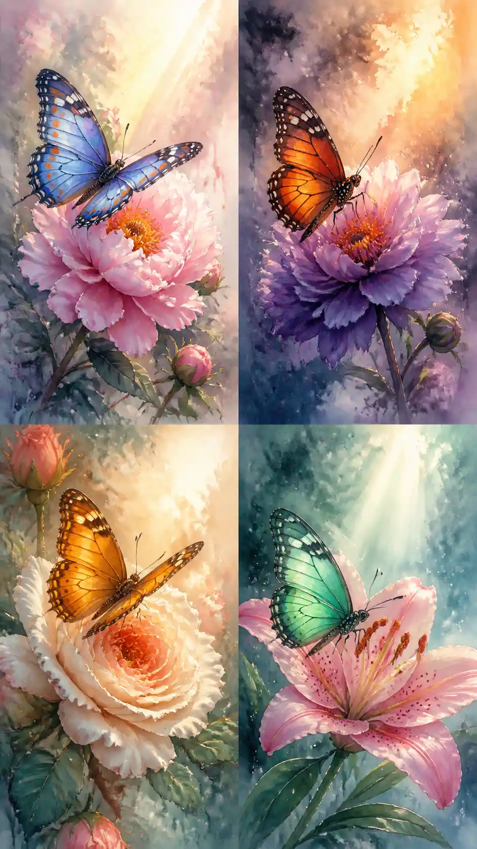 Farfalle colorate posate sui fiori in scene ad acquerello