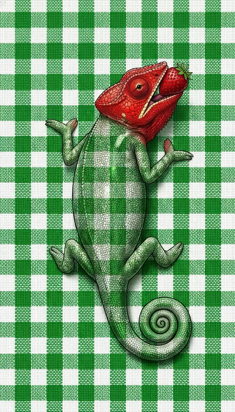 Camaleonte dai capelli rossi su coperta da picnic verde a quadri