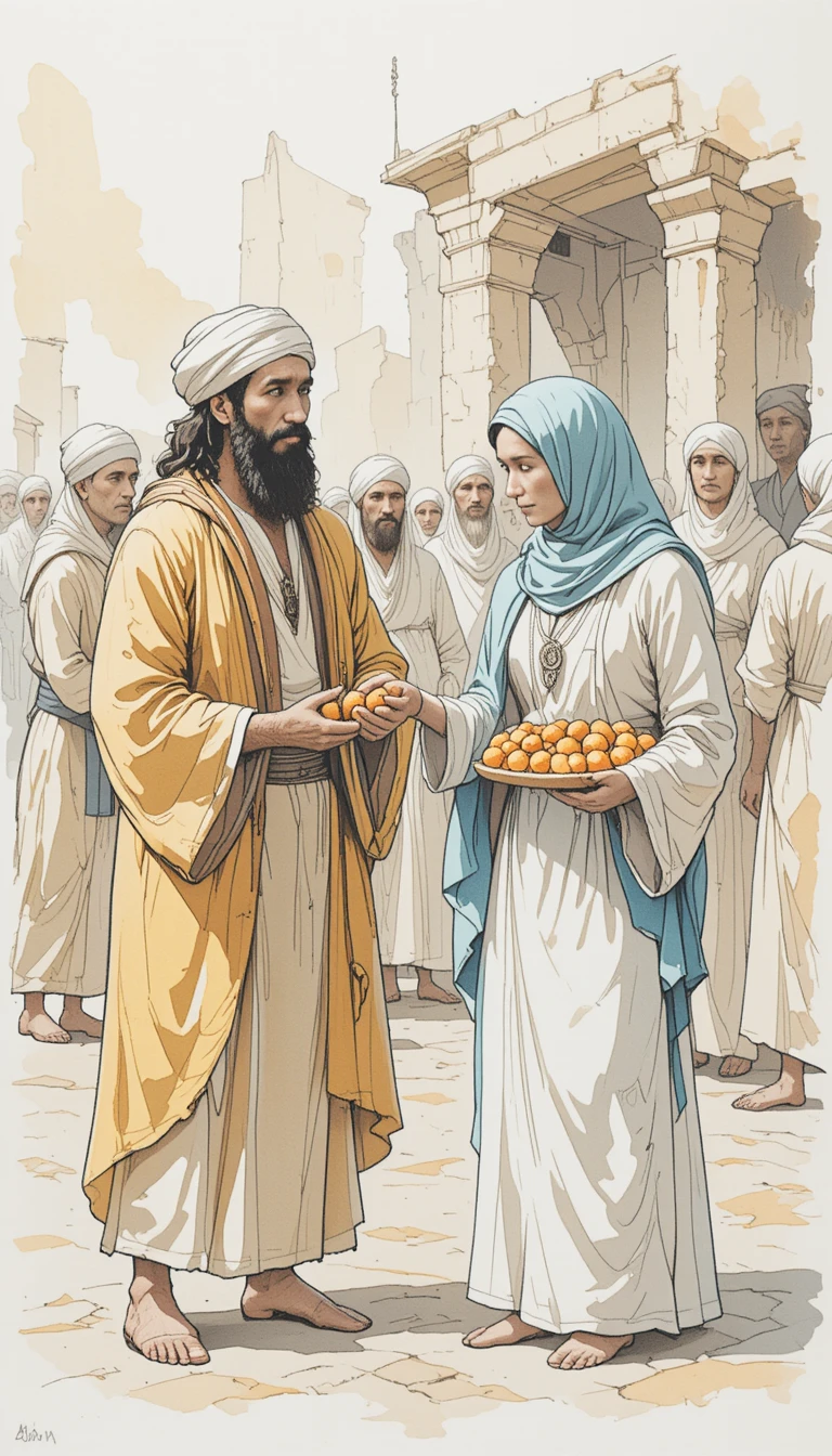 Watercolor scene of a merchant sharing fruit in a bazaar